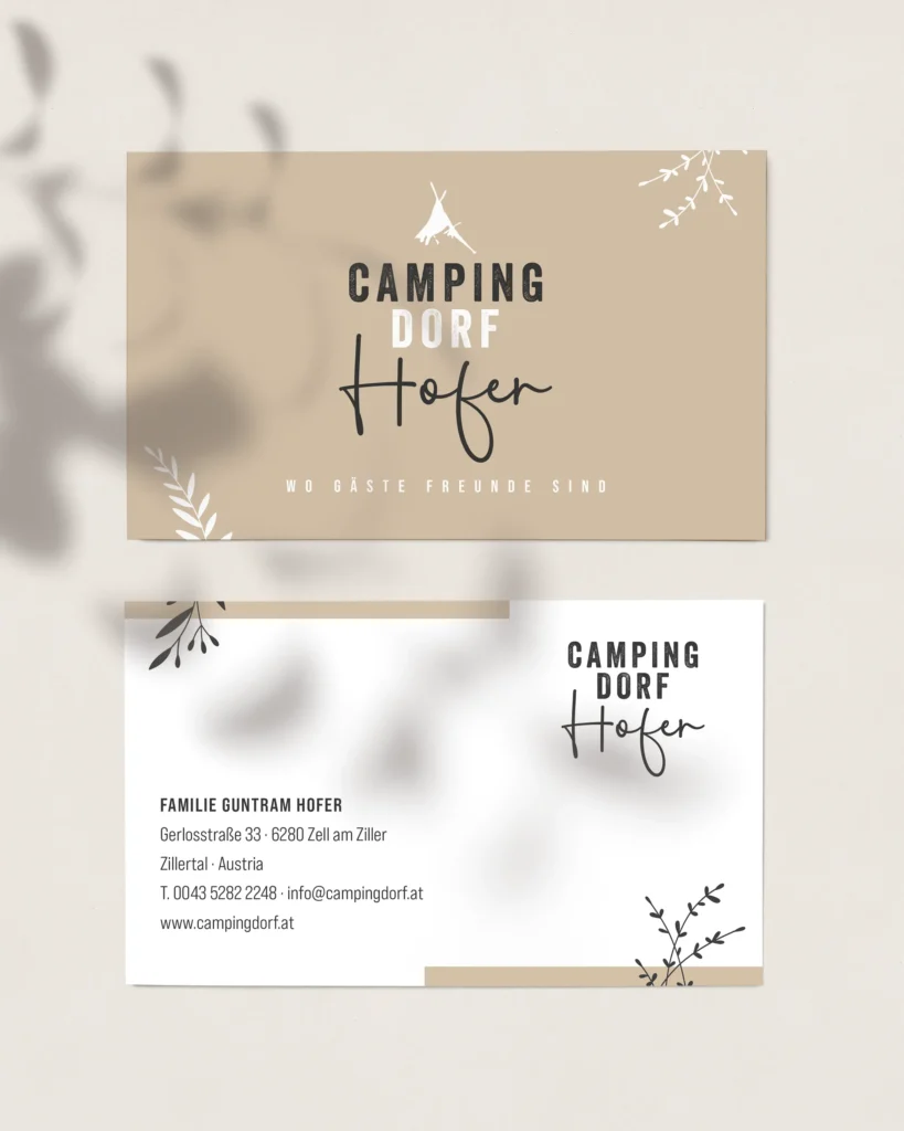 Kreatives Grafikdesign: Visitenkarten Design Campingdorf Hofer Zell am Ziller. Der Kreativität sind keine Grenzen gesetzt.
